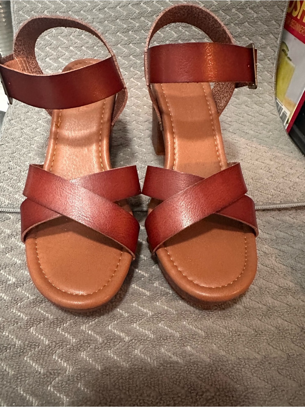 Cushionaire Women's Brown Strappy Block Heel Sandals with Ankle Buckle